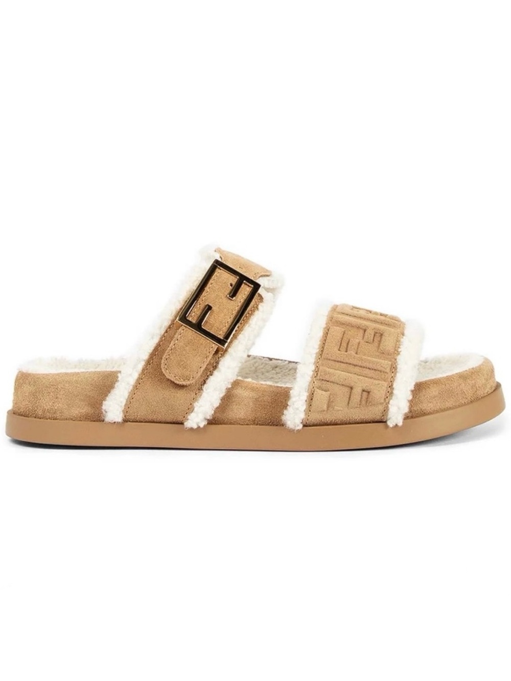 FENDI Feel FF logo shearling lined suede leather slides sandals